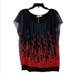 Baishenggt Blouse XL Black Red Floral Flared Sleeve Double Layer Top